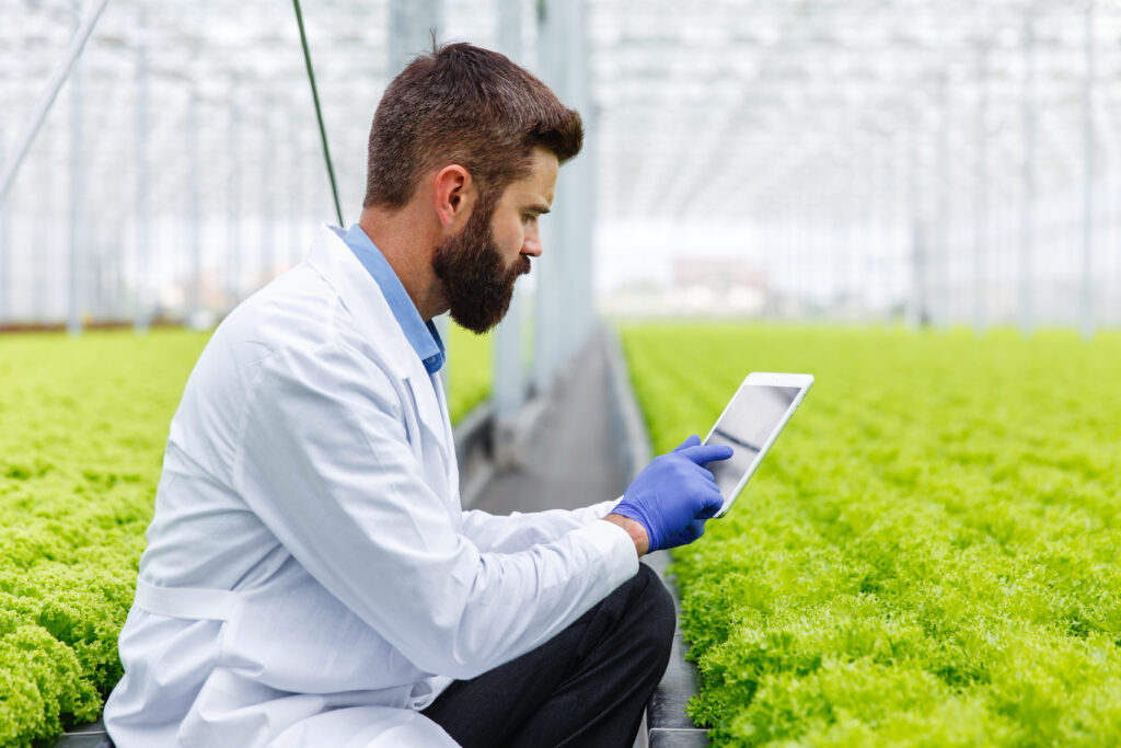 Bearded Male Researcher Studies Plants With Tablet Standing Greenhouse 1024x683
