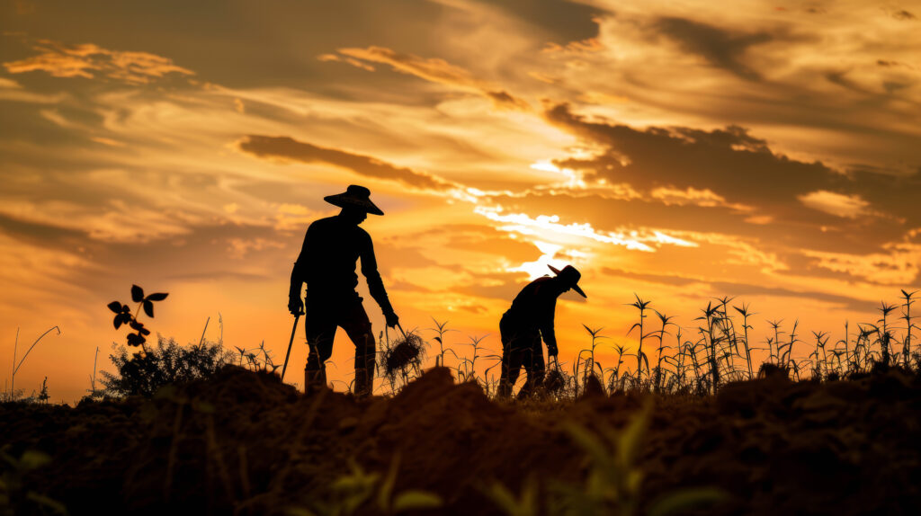 two farmer working field silhouette