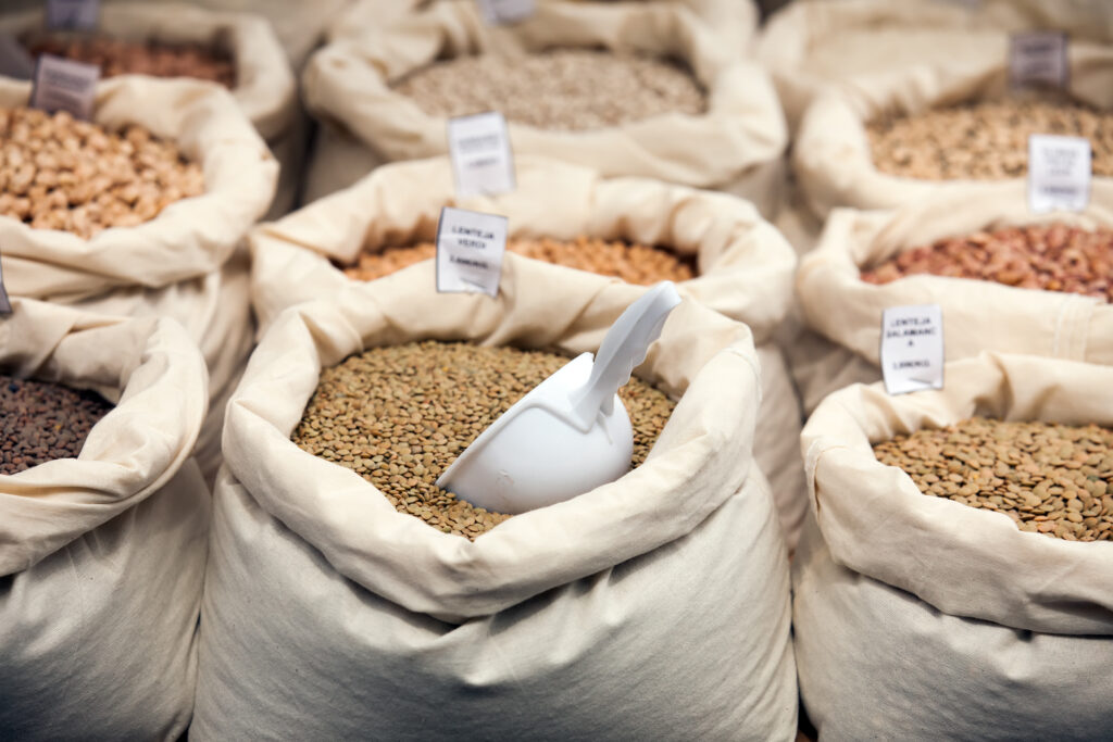 various grains in bags