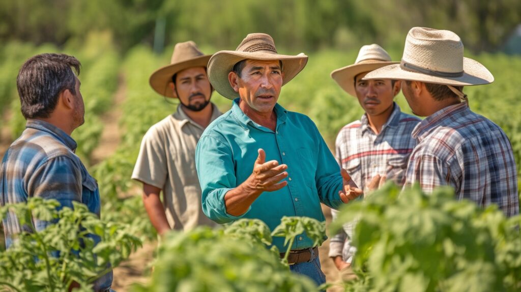 while harvesting organic vegetables, a man talks to a bunch of f